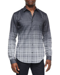 Vince Degrade Plaid Jacquard Long Sleeve Shirt Gray