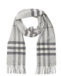 Burberry Pale Grey Cashmere Giant Check Fringe End Scarf