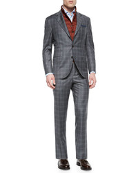 Brunello Cucinelli Plaid Two Piece Wool Suit Gray