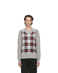Grey Plaid V-neck Sweater