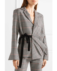 Rosie Assoulin Swaggy Grosgrain Trimmed Plaid Wool Jacket Light Gray