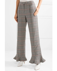 Rosie Assoulin Ruffle Trimmed Plaid Wool Straight Leg Pants Light Gray