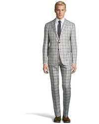 Armani Grey Plaid Woven 2 Button M Line Suit With Flat Front Pants