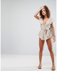 Asos Beach Romper With Frill Shoulder And Tie Waist