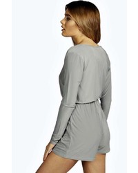 Boohoo Leslie Wrapover Long Sleeve Soft Touch Playsuit