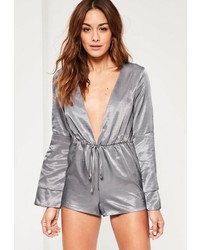 Missguided Grey Silky Plunge Neck Double Layer Romper