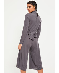Missguided Grey High Neck Long Sleeve Belted Culotte Romper