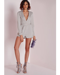 Missguided Long Sleeve Plunge Romper Grey