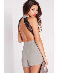 Missguided Open Back Lace Insert Playsuit Grey