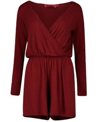 Boohoo Tall Aveline Wrap Front Long Sleeve Playsuit