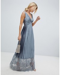 Grey Pleated Lace Evening Dress