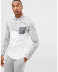 ASOS DESIGN Long Sleeve Polo Shirt With Contrast Yoke And Pocket In Interest Fabric In White