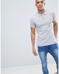 ASOS DESIGN Knitted Muscle Fit Polo In Pale Grey