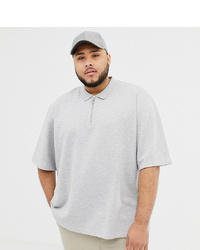 ASOS WHITE Plus Oversized Polo In Light Grey Marl Pique With Zip Neck