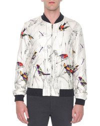 Dolce & Gabbana Multi Bird Print Silk Bomber Jacket Gray Pattern