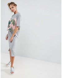 Asos Midi T Shirt Dress With Printed Woven Overlay