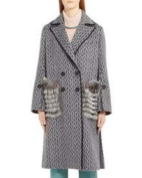 Fendi Double Breasted Wool Alpaca Blend Coat With Genuine Fox Fur Pockets