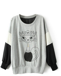 Romwe Color Block Cartoon Cat Print Grey Sweatshirt