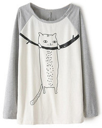 Romwe Color Block Cat Print Grey Sweatshirt
