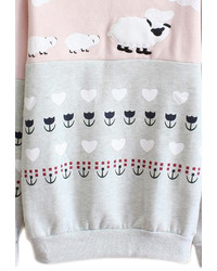 Romwe Color Block Sheeps And Floral Gray Sweatshirt