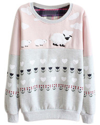 Romwe Color Block Sheeps And Floral Gray Sweatshirt