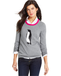 Jones New York Colorblocked Neck Penguin Print Sweater