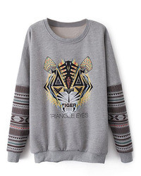 Romwe Ethic Sleeves Tiger Head Print Grey Sweatshirt