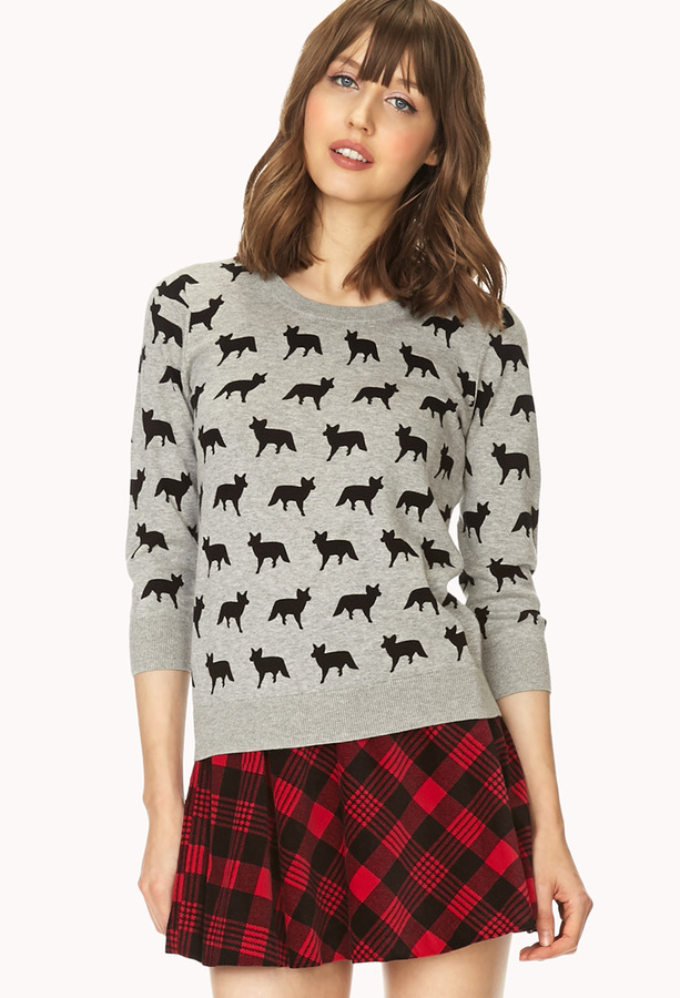 Grey Print Crew-neck Sweater: Forever 21 Fox Parade Sweater | Where to ...