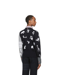 Thom Browne Grey And Navy Merino 4 Bar Intarsia Animal Sweater