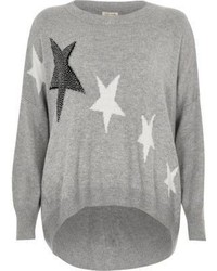 River Island Grey Stud Star Print Knit Sweater