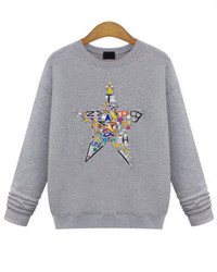 Star Print Round Neck Grey Sweatshirt