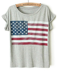 American Flag Print Grey T Shirt