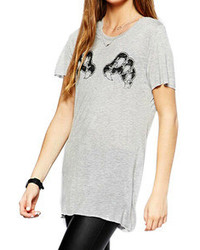 Romwe Bear Claw Print Long Grey T Shirt