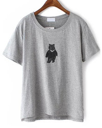 Bear Print Loose Grey T Shirt