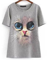 Cat Print Loose Grey T Shirt