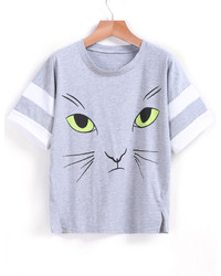 Cat Print Striped Grey T Shirt