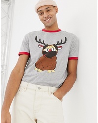 ASOS DESIGN Christmas T Shirt With Pug Reindeer Print Marl