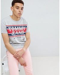 Tommy Jeans Cut Out Stripe Logo T Shirt In Grey Marl Marl