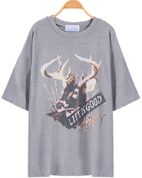 Deer Print Loose Grey T Shirt
