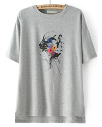 Dip Hem Beauty Print Grey T Shirt