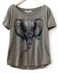 Dip Hem Elephant Print Grey T Shirt