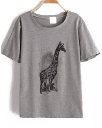 Dip Hem Giraffe Print Grey T Shirt