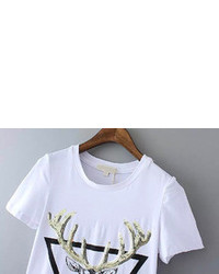 Dip Hem With Sequined Deer Print Grey T Shirt
