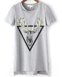 Dip Hem With Sequined Deer Print Grey T Shirt