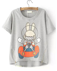 Dip Hem With Zipper Rabbit Print Navy T Shirt
