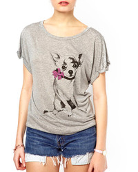 ChicNova Dog Print Round Neck Light Grey T Shirt