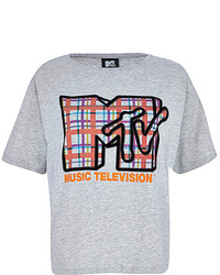 River Island Grey Checked Mtv Print T Shirt