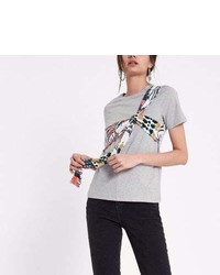 River Island Grey Floral Print Bow Front T Shirt