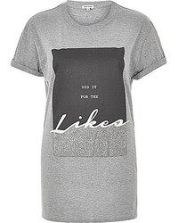 River Island Grey Glitter Slogan Print Oversized T Shirt