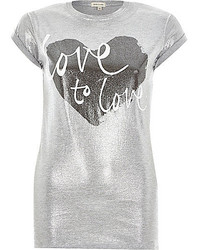 River Island Grey Love To Love Printed Fitted T Shirt